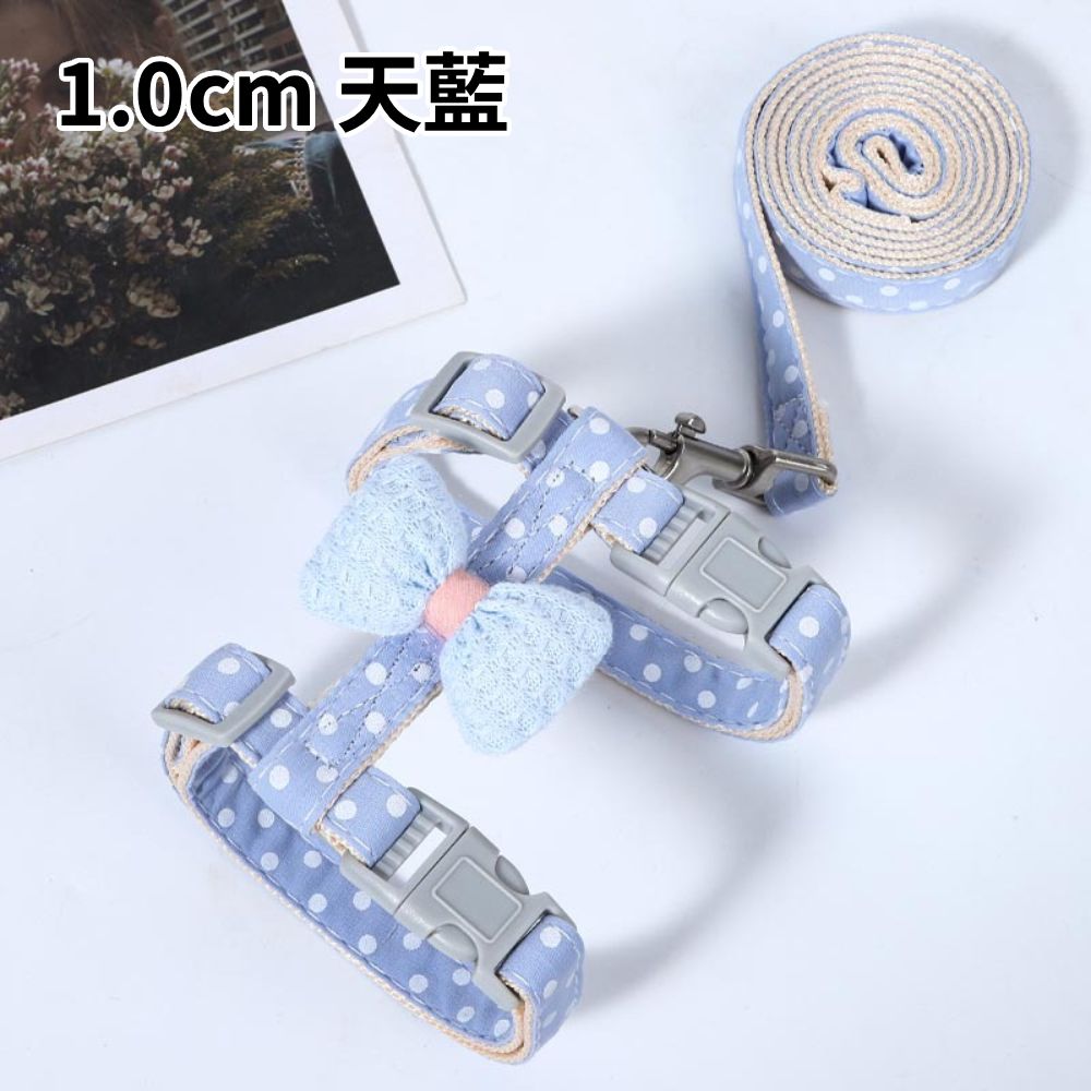 WWC夏日波點蝴蝶結貓用胸背帶 寵物牽繩 寵物胸背帶 貓用牽引繩套裝 遛貓繩 貓咪牽繩
