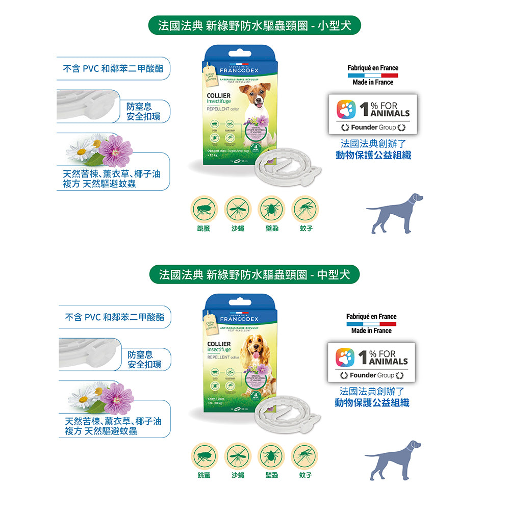 Francodex 法國法典 綠野防水驅蟲頸圈 貓小型犬中型犬大型犬 寵物驅蚤頸圈 毛掌櫃寵物