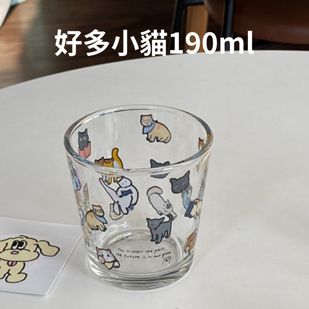 透明玻璃杯 馬克杯 可愛小狗小貓 ins塗鴉風馬克杯 韓系馬克杯 玻璃杯 簡約可愛 萌寵插畫牛奶玻璃杯