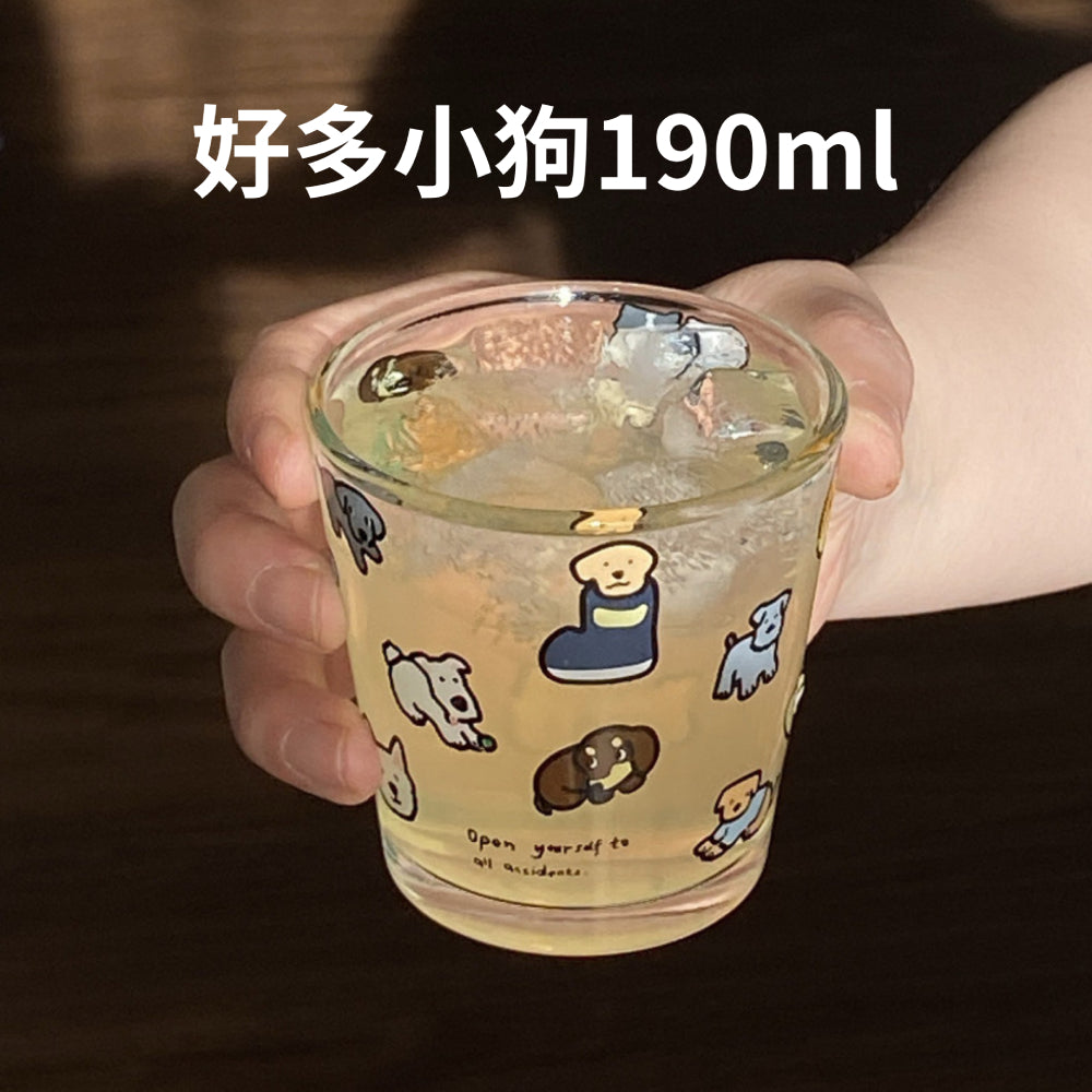 透明玻璃杯 馬克杯 可愛小狗小貓 ins塗鴉風馬克杯 韓系馬克杯 玻璃杯 簡約可愛 萌寵插畫牛奶玻璃杯