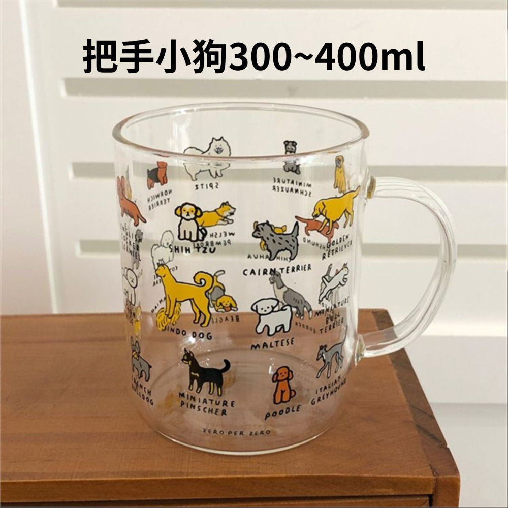 透明玻璃杯 馬克杯 可愛小狗小貓 ins塗鴉風馬克杯 韓系馬克杯 玻璃杯 簡約可愛 萌寵插畫牛奶玻璃杯
