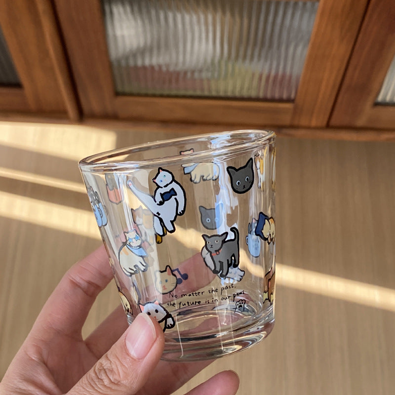 透明玻璃杯 馬克杯 可愛小狗小貓 ins塗鴉風馬克杯 韓系馬克杯 玻璃杯 簡約可愛 萌寵插畫牛奶玻璃杯
