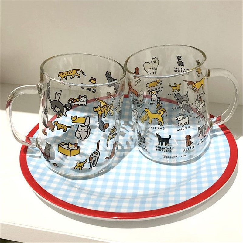 透明玻璃杯 馬克杯 可愛小狗小貓 ins塗鴉風馬克杯 韓系馬克杯 玻璃杯 簡約可愛 萌寵插畫牛奶玻璃杯