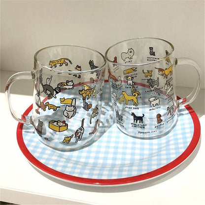透明玻璃杯 馬克杯 可愛小狗小貓 ins塗鴉風馬克杯 韓系馬克杯 玻璃杯 簡約可愛 萌寵插畫牛奶玻璃杯