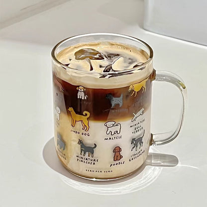 透明玻璃杯 馬克杯 可愛小狗小貓 ins塗鴉風馬克杯 韓系馬克杯 玻璃杯 簡約可愛 萌寵插畫牛奶玻璃杯