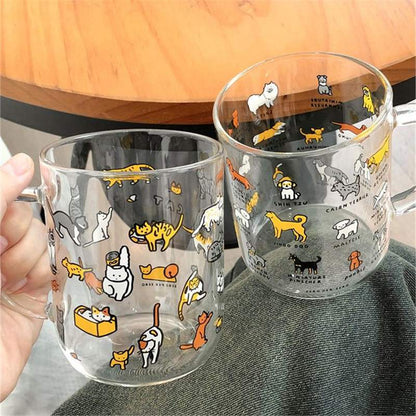 透明玻璃杯 馬克杯 可愛小狗小貓 ins塗鴉風馬克杯 韓系馬克杯 玻璃杯 簡約可愛 萌寵插畫牛奶玻璃杯